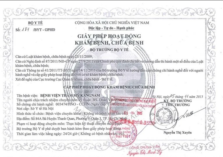 Bệnh viện Thẩm mỹ Kangnam – Bệnh viện được cấp phép hoạt động của Bộ Y tế